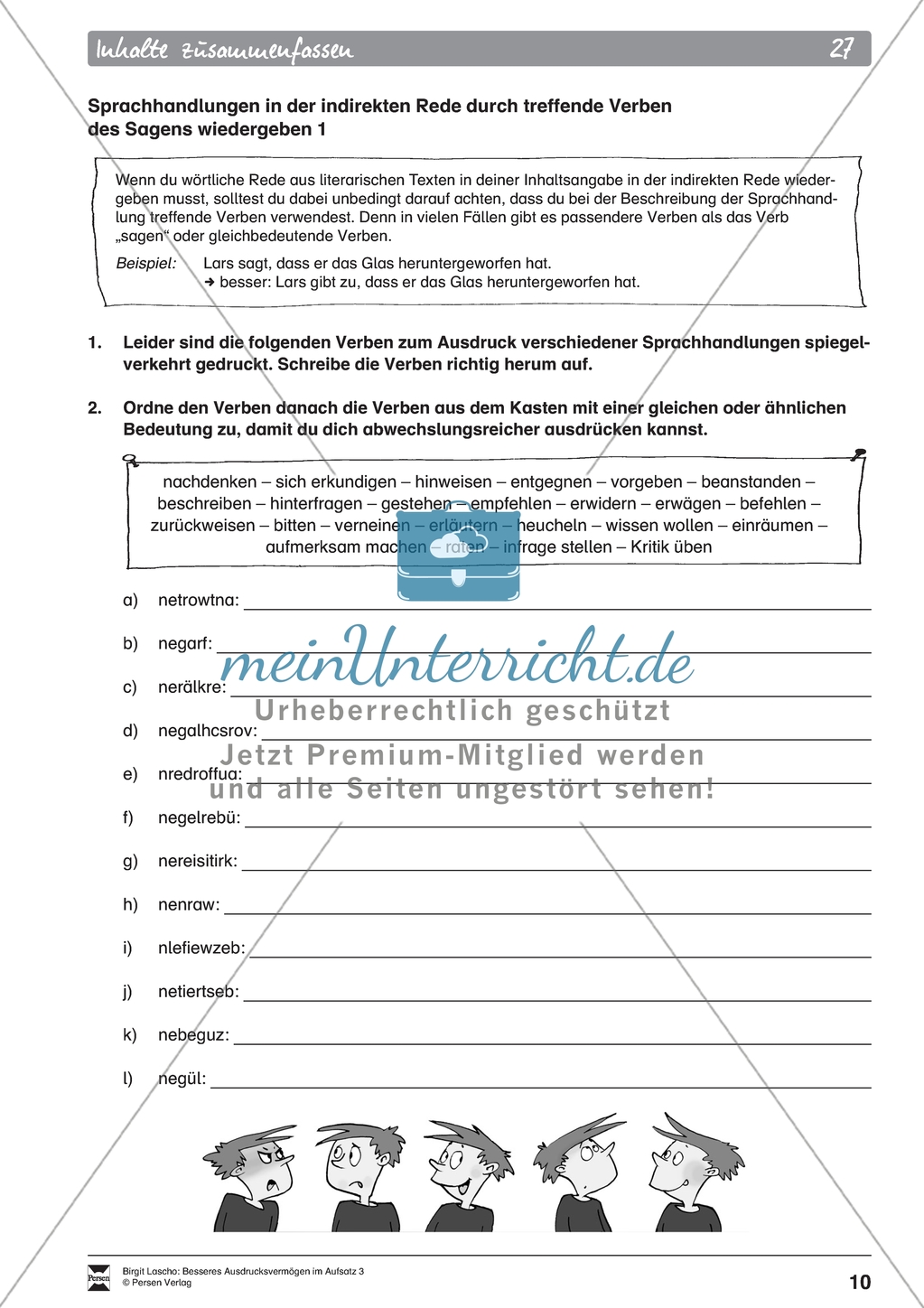 Inhalte zusammenfassen: indirekte Rede durch Verben des Sagens wiedergeben. Arbeitsmaterial mit Erläuterungen Preview 2