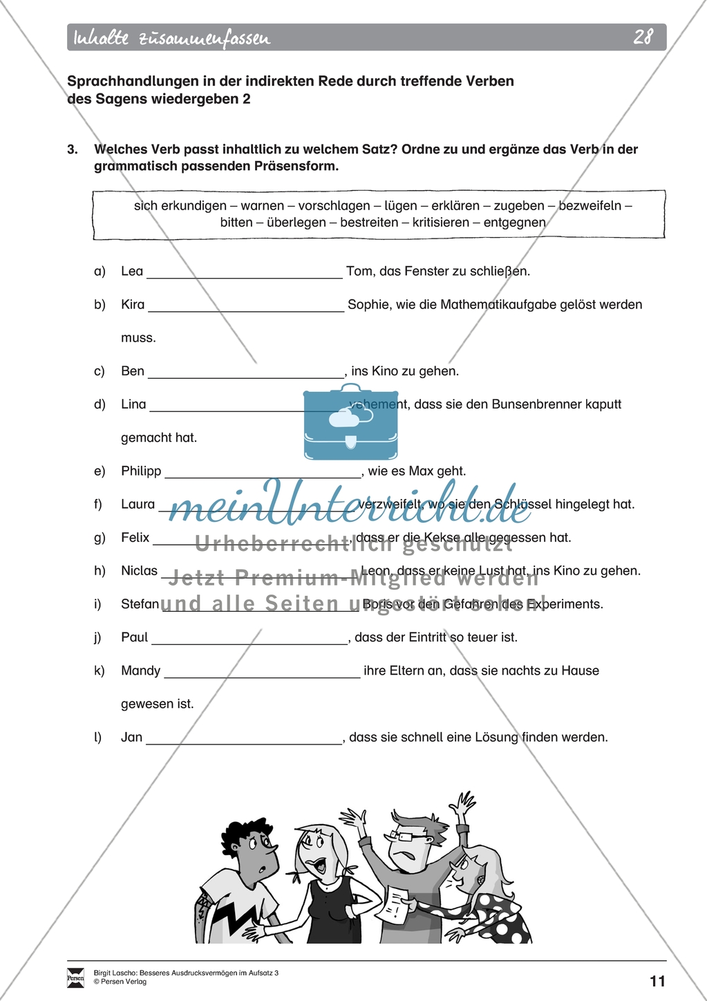 Inhalte zusammenfassen: indirekte Rede durch Verben des Sagens wiedergeben. Arbeitsmaterial mit Erläuterungen Preview 3