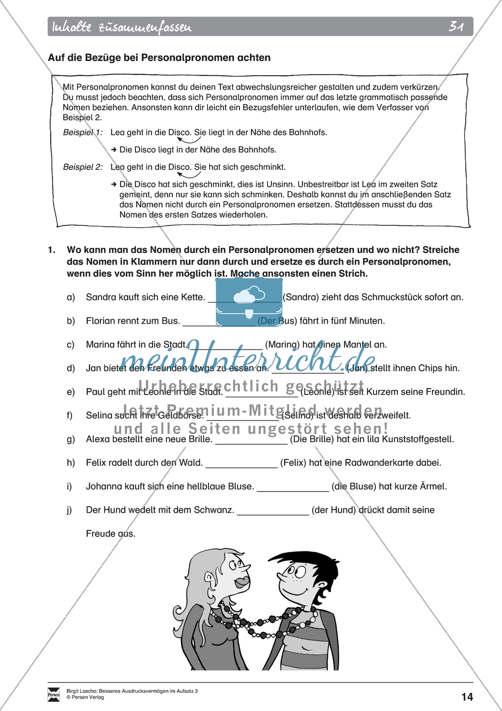 Inhalte zusammenfassen: Bezüge der Personal- und Possessivpronomen. Arbeitsmaterial mit Erläuterungen Preview 3