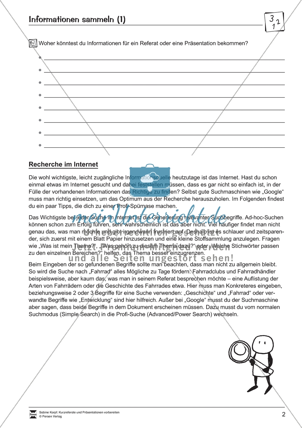 Referate und Präsentationen vorbereiten: Informationen sammeln. Arbeitsmaterial mit Erläuterungen Preview 2