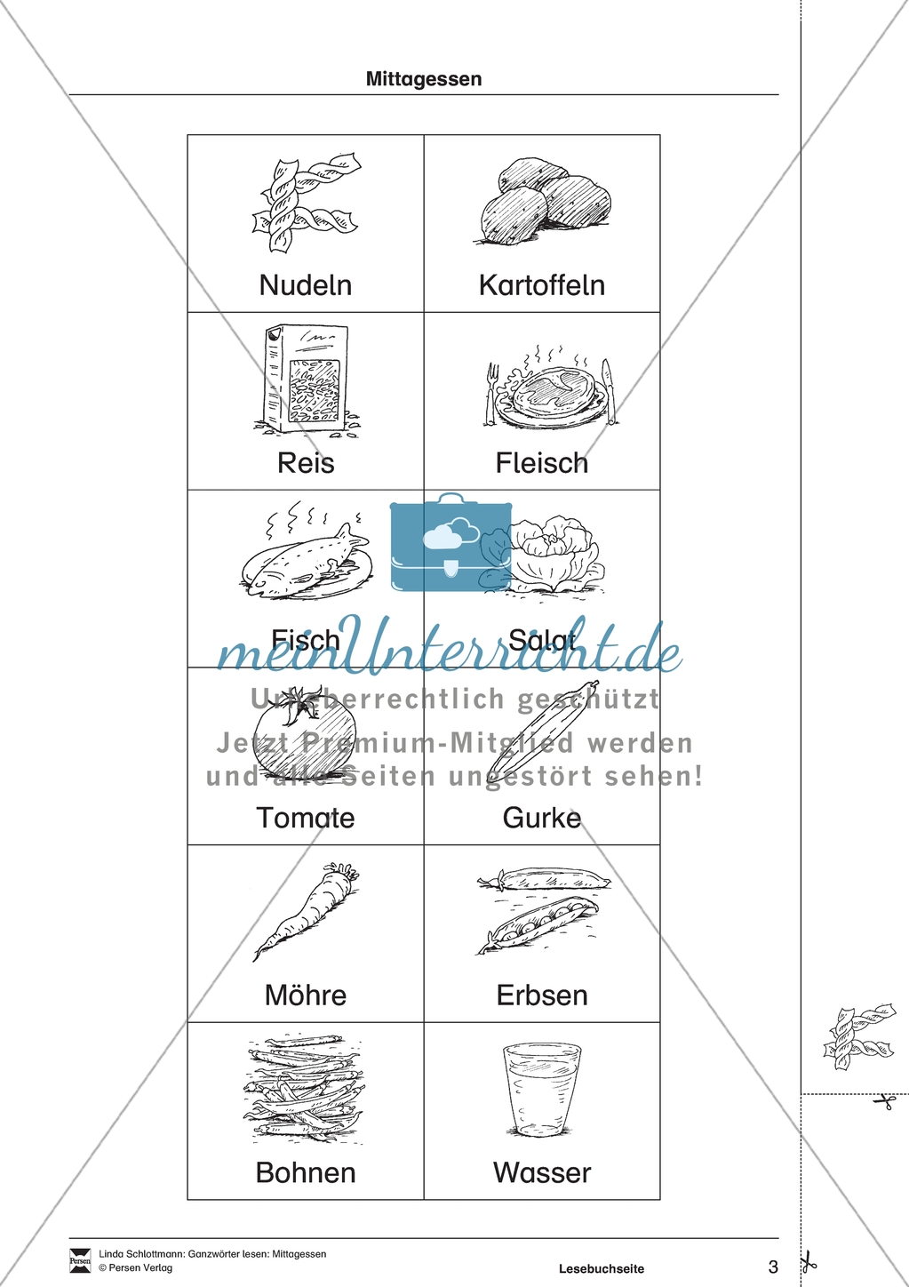 Lesebuchseite und Memo-Spiel / Lotto zum Thema