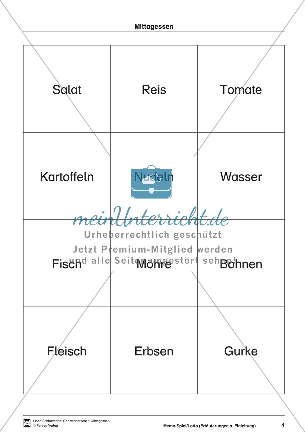 Lesebuchseite und Memo-Spiel / Lotto zum Thema