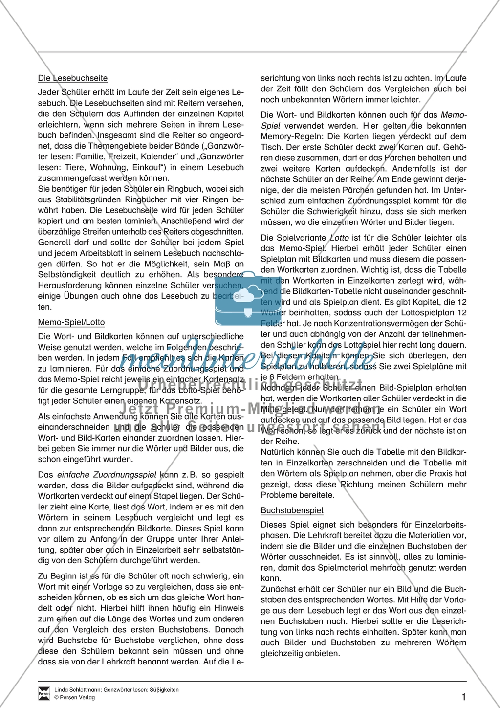 Lesebuchseite und Memo-Spiel / Lotto zum Thema