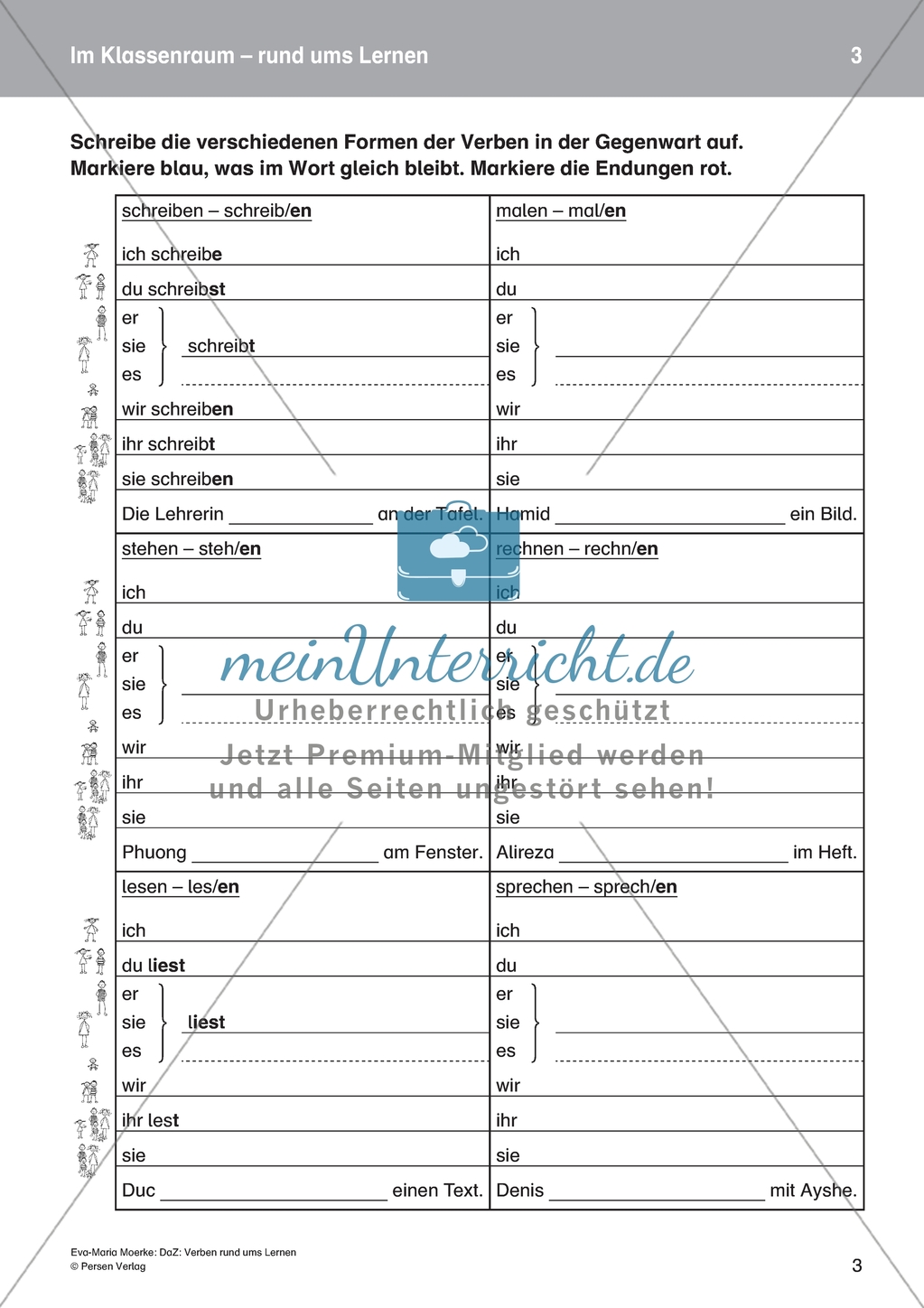 Im Klassenraum: Konjugation von Verben rund ums Lernen. DaZ-Material Preview 1