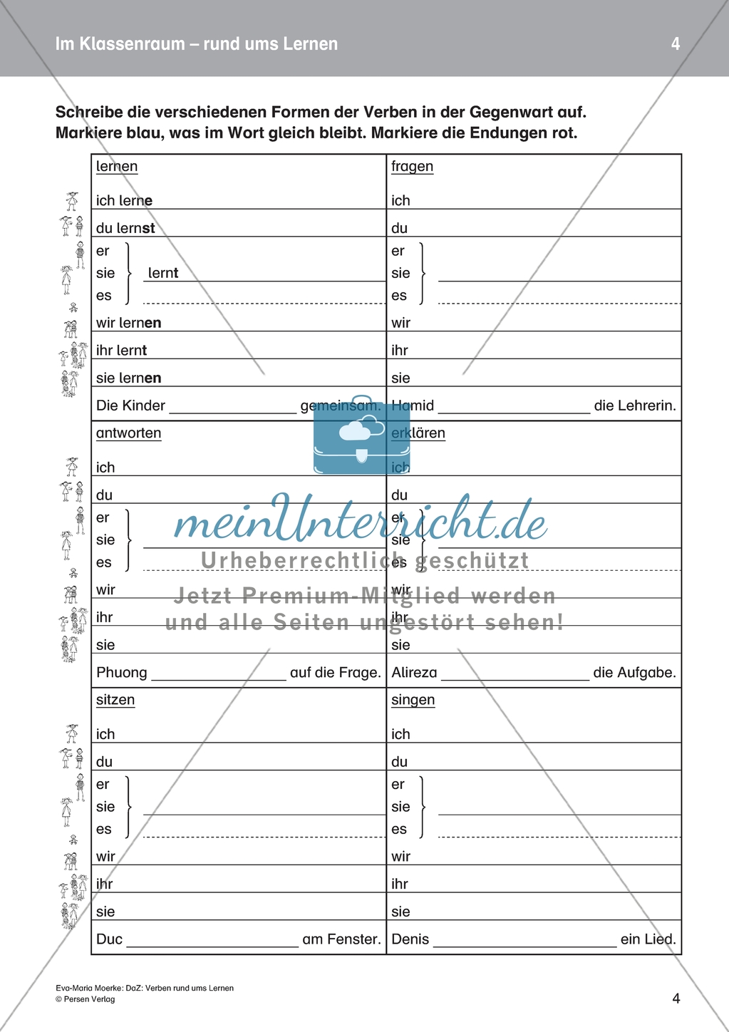 Im Klassenraum: Konjugation von Verben rund ums Lernen. DaZ-Material Preview 2
