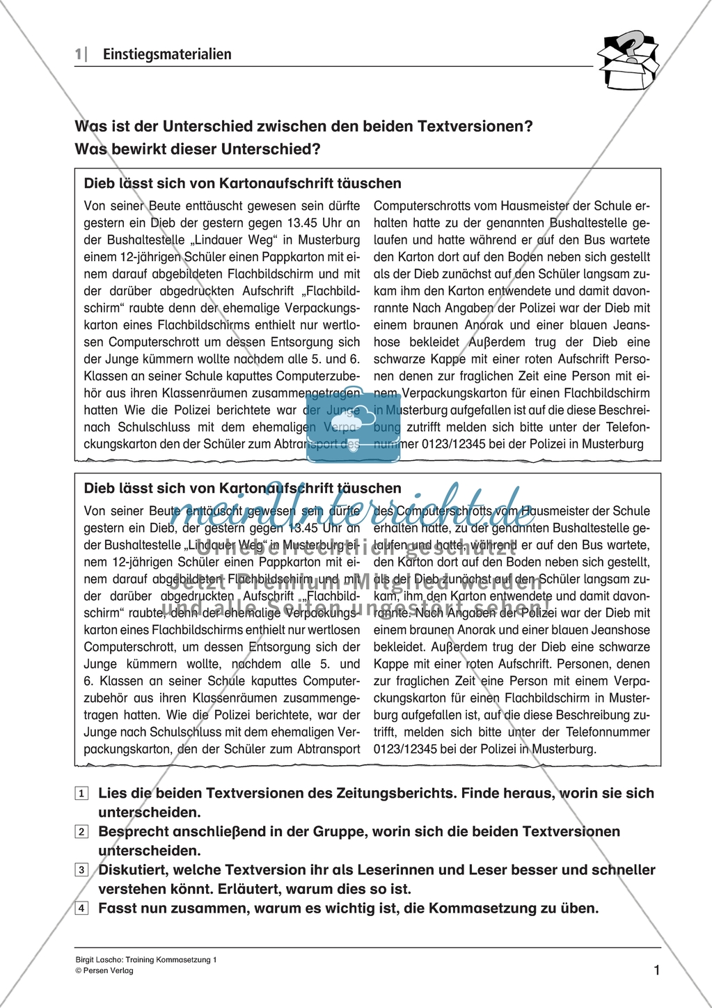 Training Kommasetzung: Arbeitsblätter zum Einstieg Preview 1