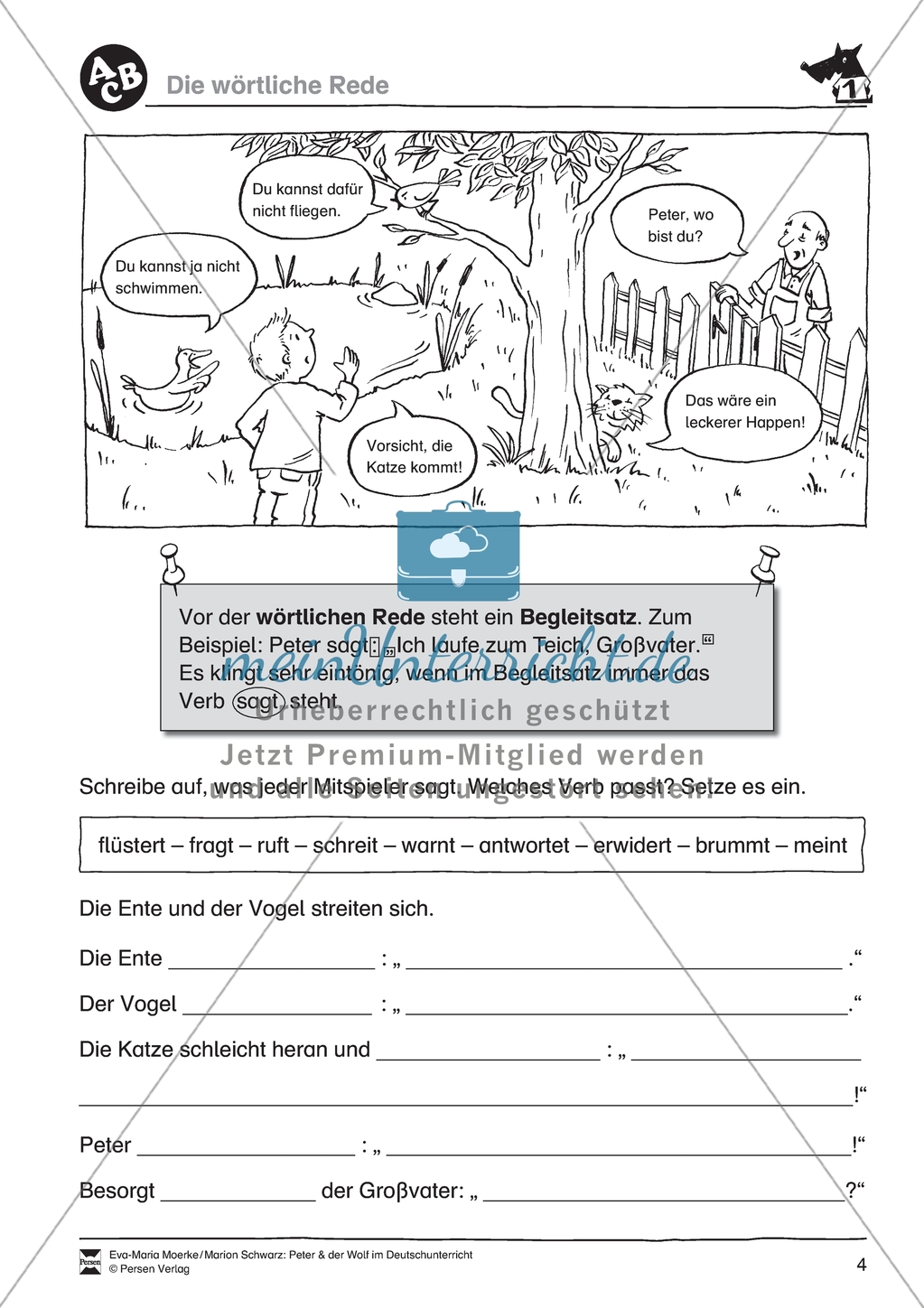 Peter und der Wolf: Wörtliche Rede und Zeitformen. Arbeitsmaterial mit Lösungen Preview 1