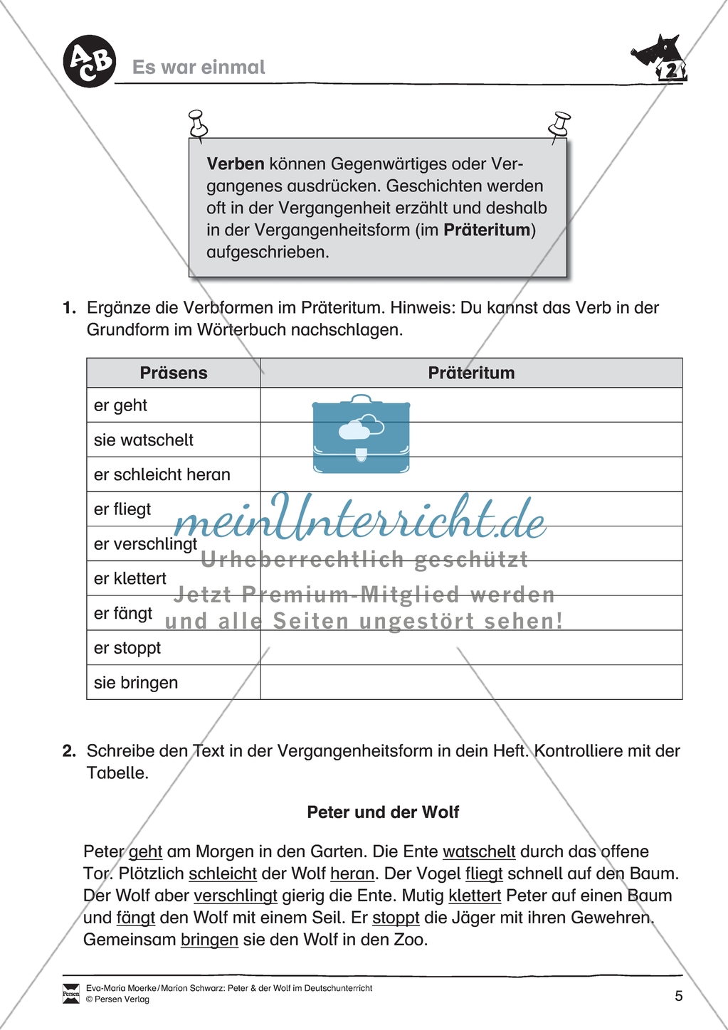 Peter und der Wolf: Wörtliche Rede und Zeitformen. Arbeitsmaterial mit Lösungen Preview 2