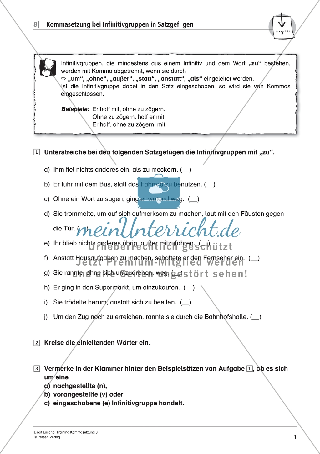 Kommasetzung bei Infinitivgruppen in Satzgefügen: Arbeitsmaterial mit Lösungen Preview 1