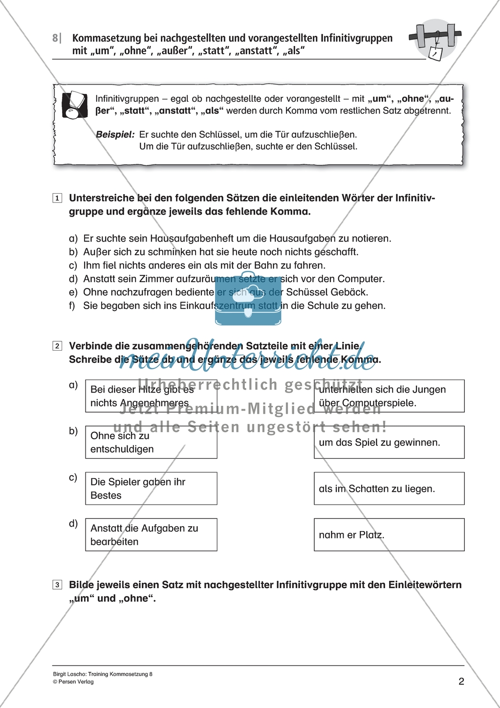 Kommasetzung bei Infinitivgruppen in Satzgefügen: Arbeitsmaterial mit Lösungen Preview 2