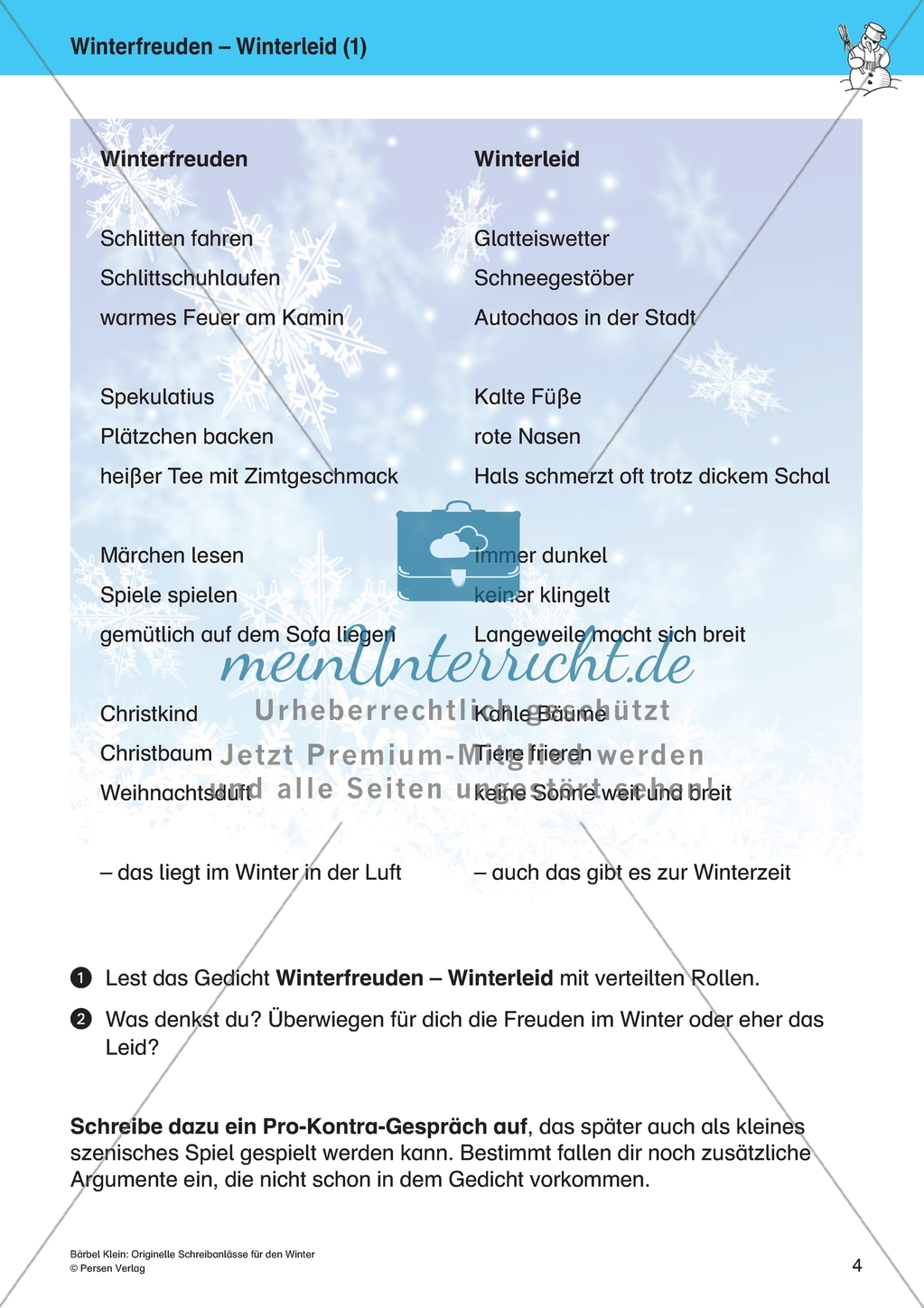 Winterfreuden - Winterleid: Pro-Contra-Gespräch. Arbeitsmaterial Preview 1