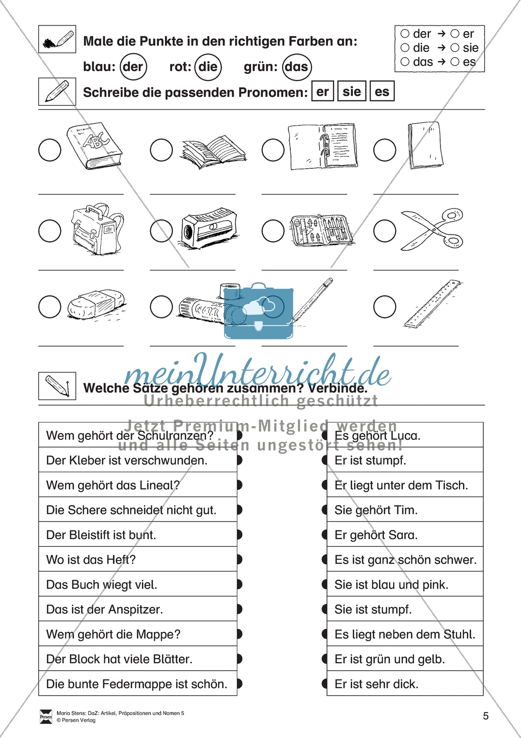 Artikel und Personalpronomen rund um den Schulranzen: Arbeitsmaterial Preview 1