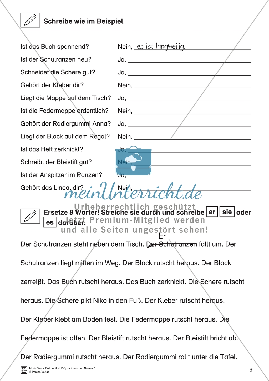 Artikel und Personalpronomen rund um den Schulranzen: Arbeitsmaterial Preview 2