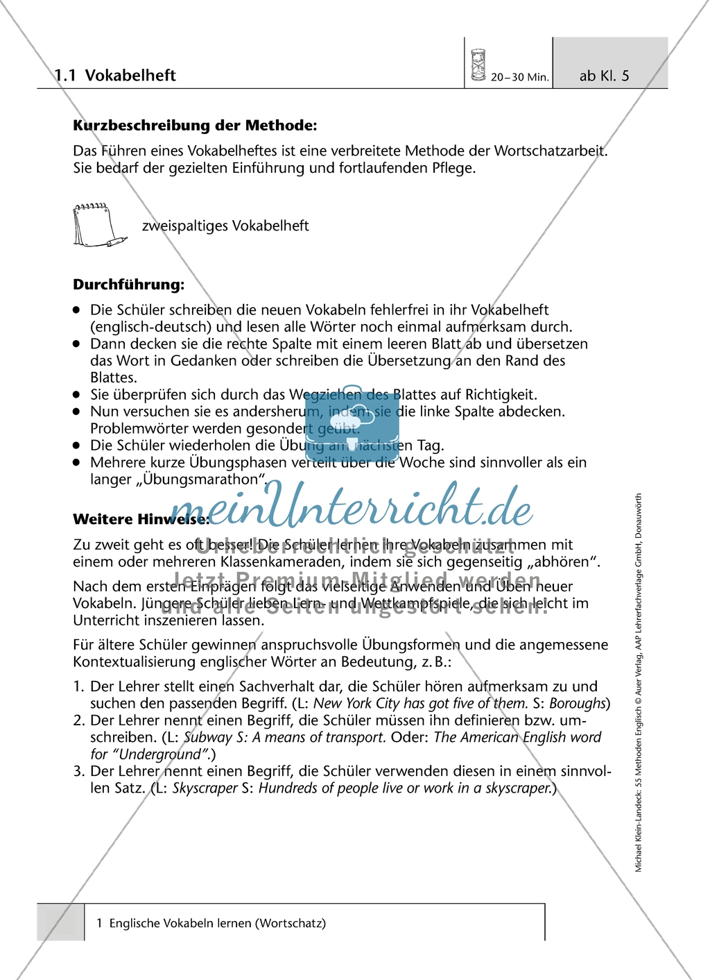 Methoden zum Thema 'Wortschatz': Erläuterung mit Hinweisen Preview 1