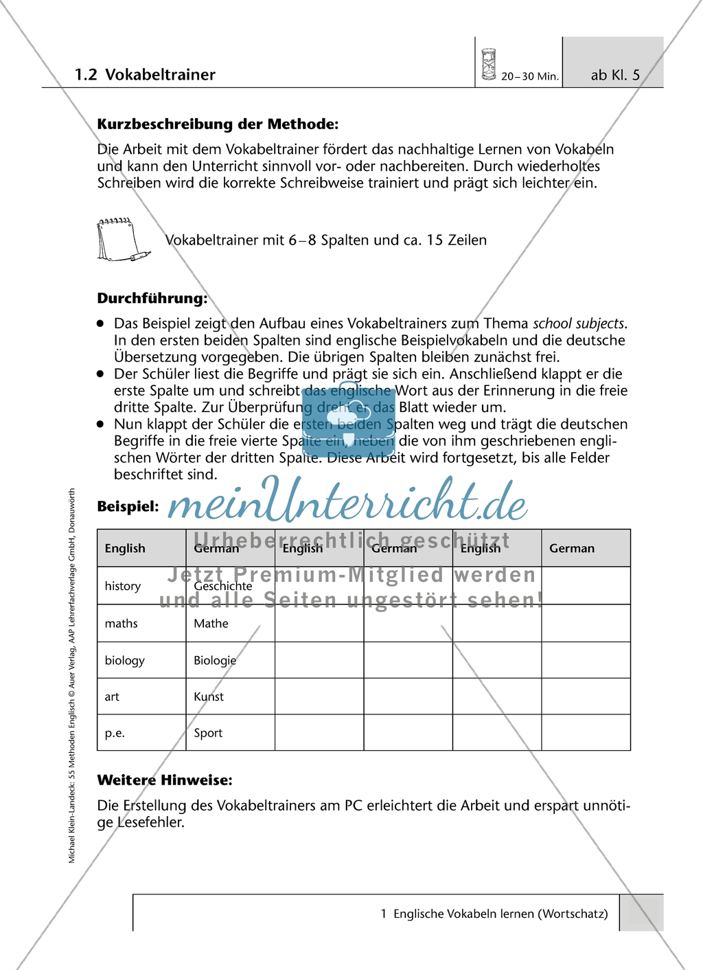 Methoden zum Thema 'Wortschatz': Erläuterung mit Hinweisen Preview 2