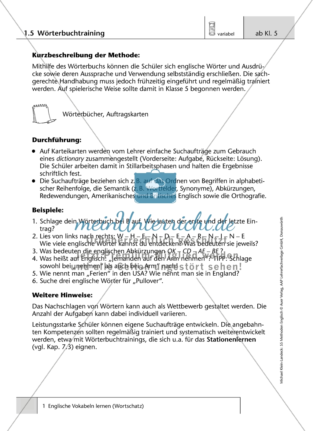 Methoden zum Thema 'Wortschatz': Erläuterung mit Hinweisen Preview 5