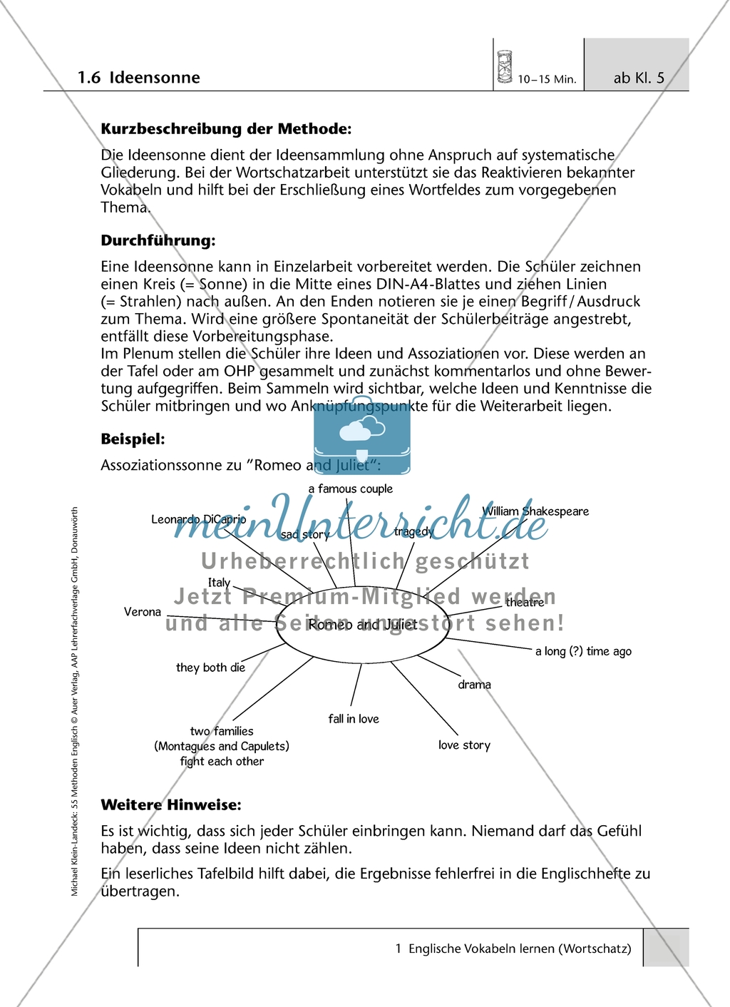 Methoden zum Thema 'Wortschatz': Erläuterung mit Hinweisen Preview 6