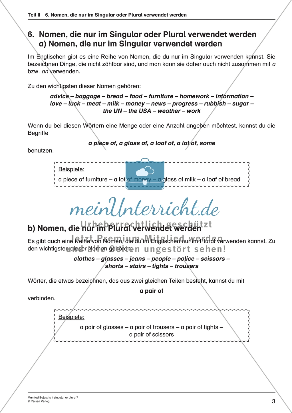 Singular vs. Plural: Unzählbare Nomen benennen können. Mit Arbeitsblättern. Preview 1