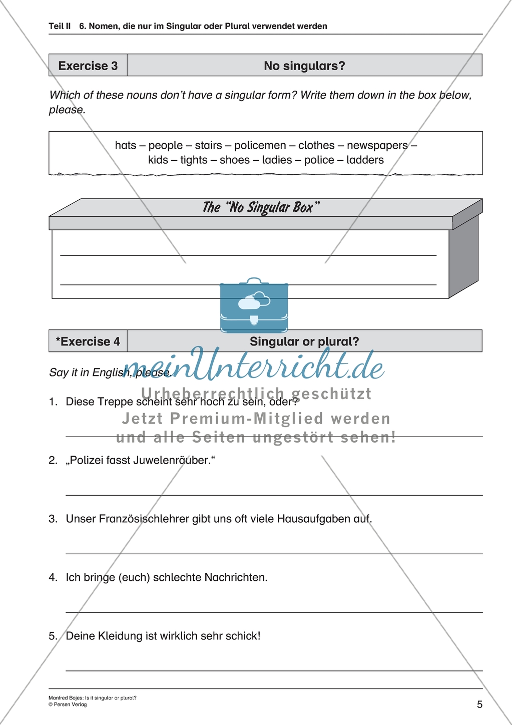 Singular vs. Plural: Unzählbare Nomen benennen können. Mit Arbeitsblättern. Preview 3