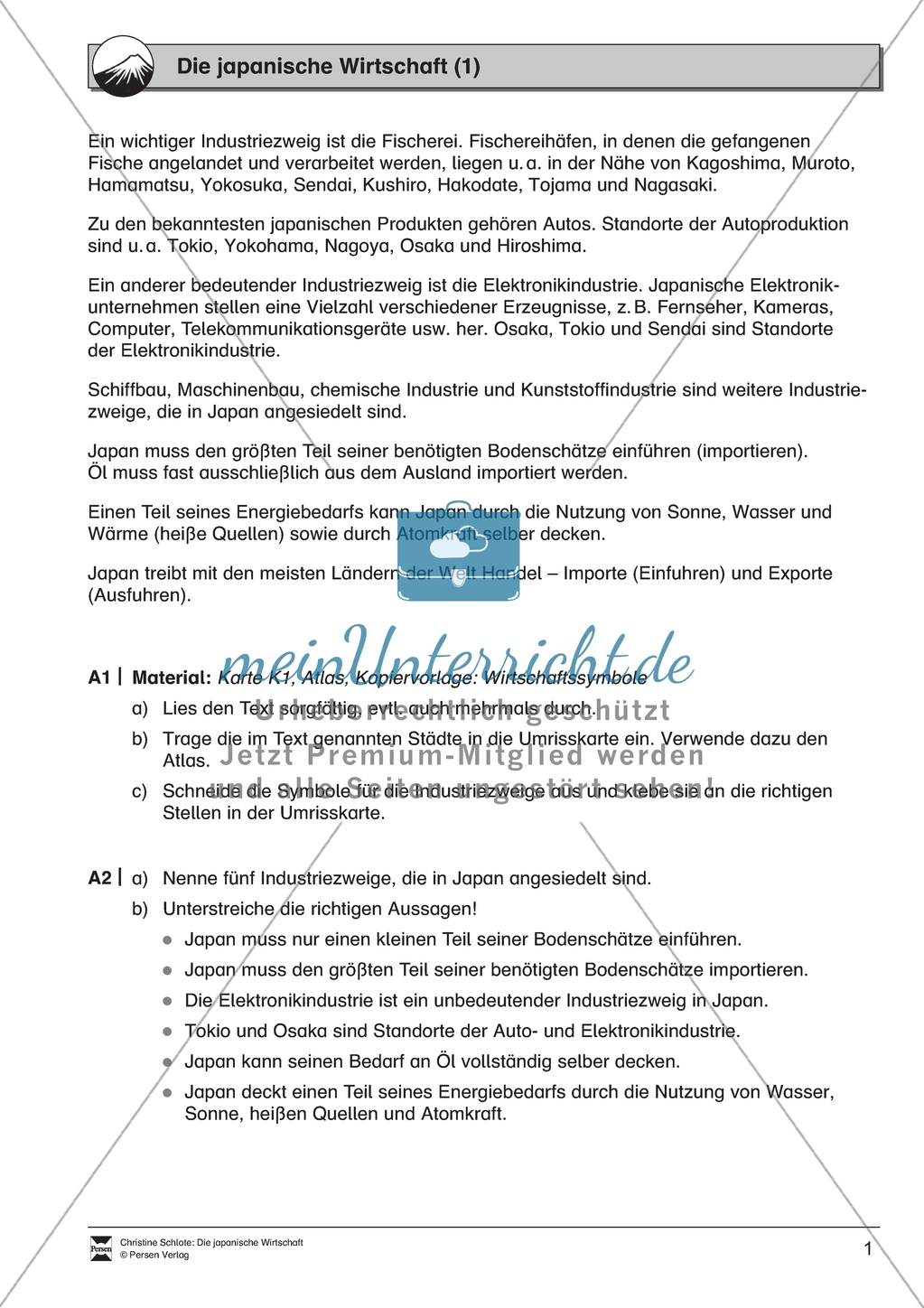 Die japanische Wirtschaft: Arbeitsmaterial mit Lösungen Preview 1