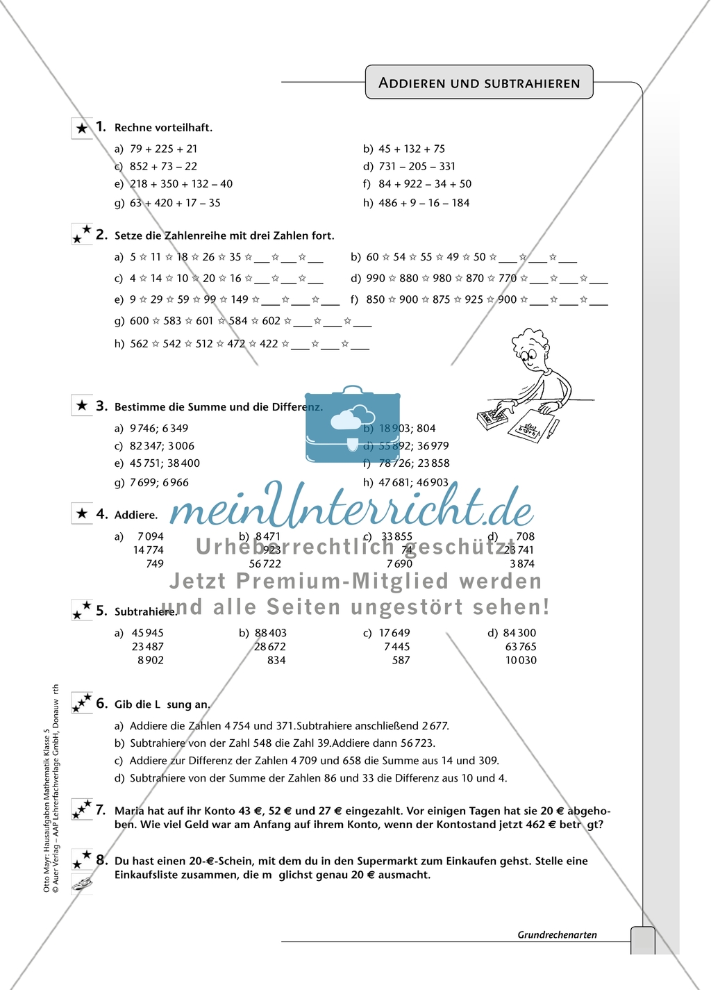 Hausaufgaben zu den Grundrechenarten: Addieren, Subtrahieren, Multiplizieren und Dividieren. mit Lösungen. Preview 1