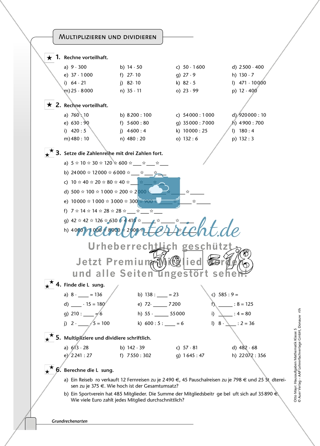Hausaufgaben zu den Grundrechenarten: Addieren, Subtrahieren, Multiplizieren und Dividieren. mit Lösungen. Preview 2