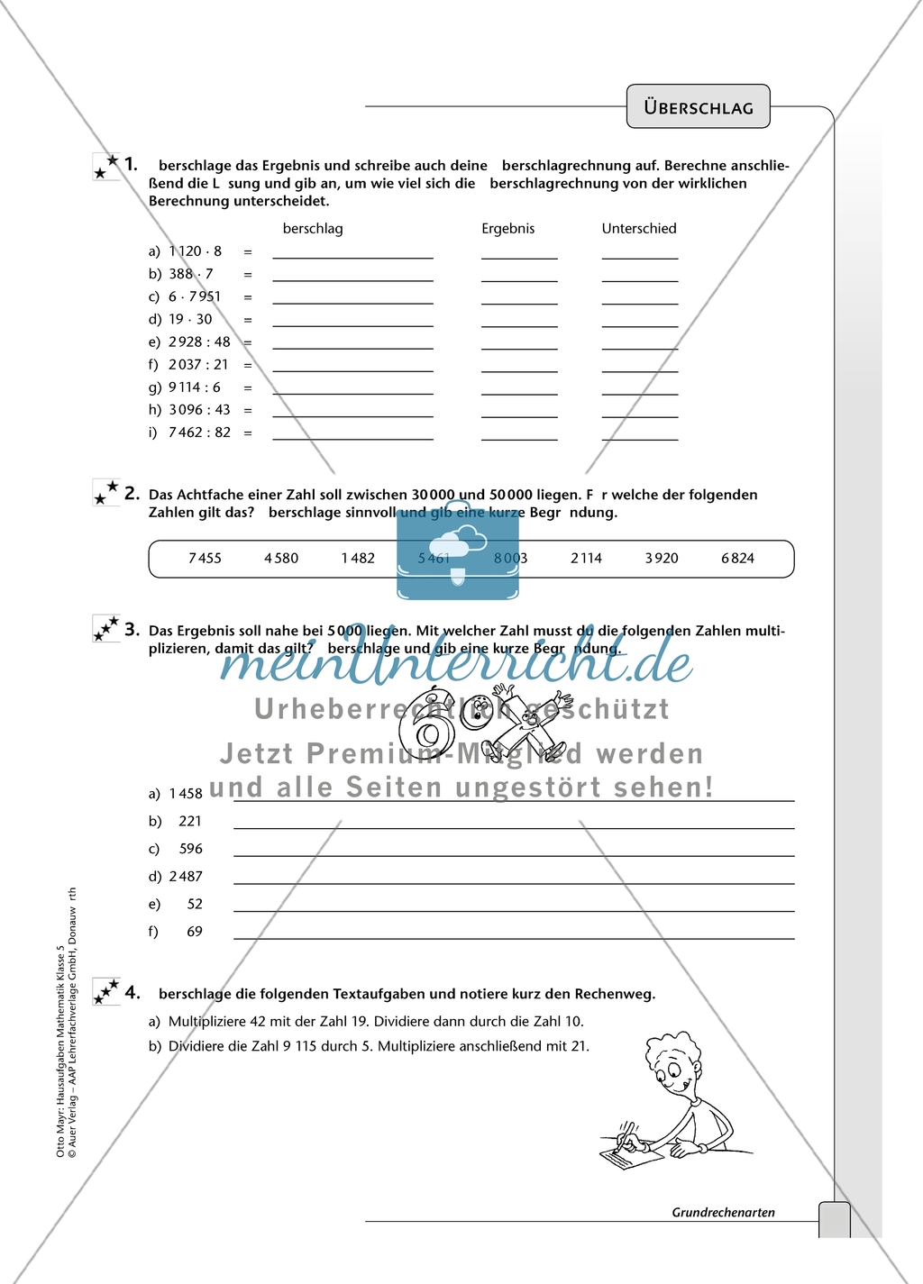 Hausaufgaben zu den Grundrechenarten: Addieren, Subtrahieren, Multiplizieren und Dividieren. mit Lösungen. Preview 3