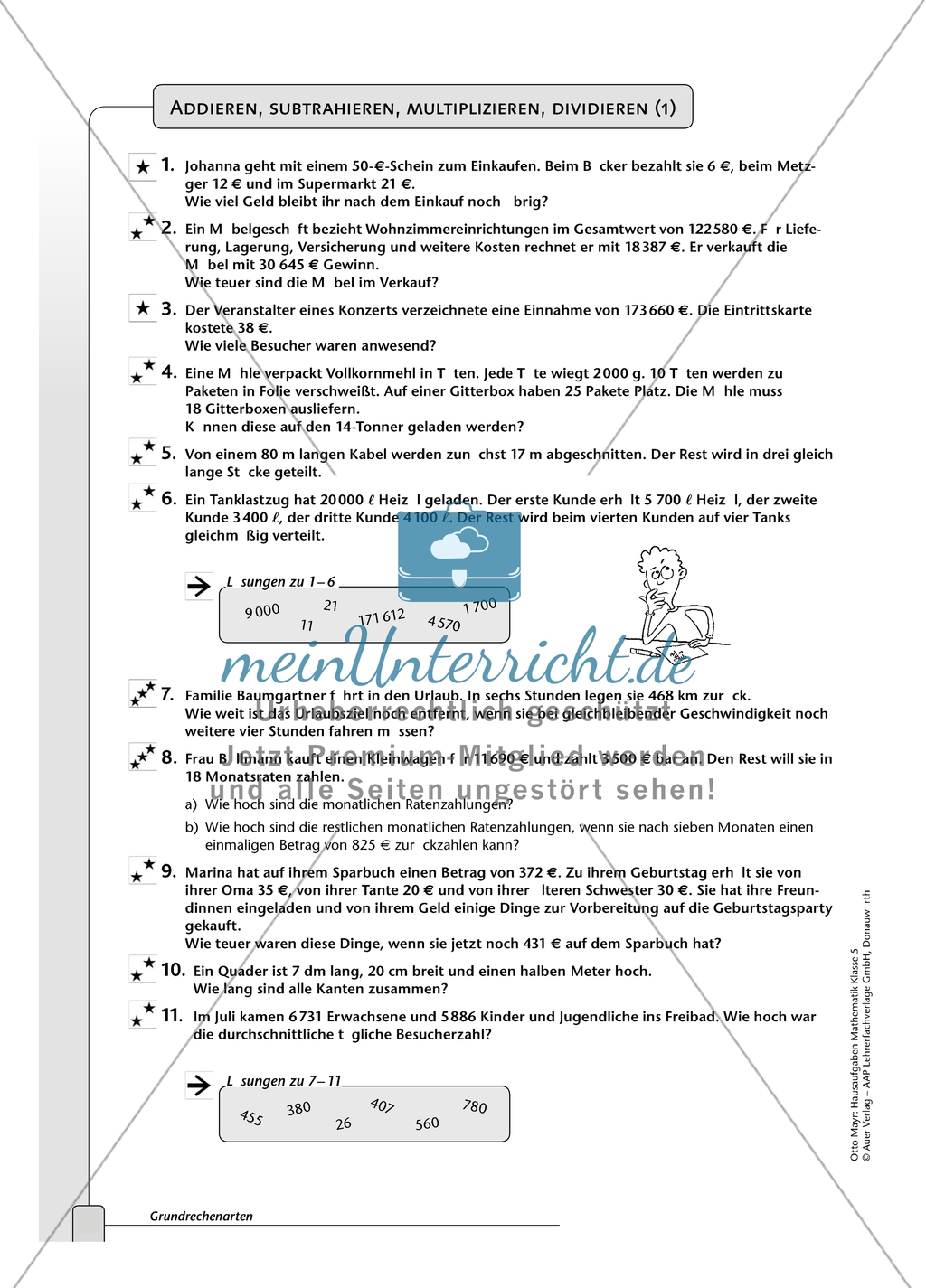 Hausaufgaben zu den Grundrechenarten: Addieren, Subtrahieren, Multiplizieren und Dividieren. mit Lösungen. Preview 4