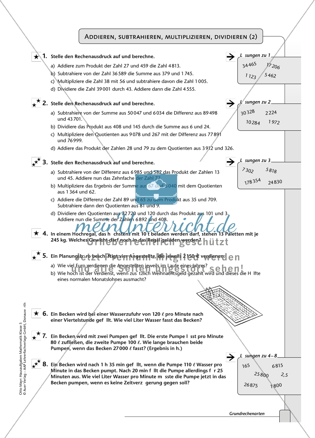Hausaufgaben zu den Grundrechenarten: Addieren, Subtrahieren, Multiplizieren und Dividieren. mit Lösungen. Preview 5