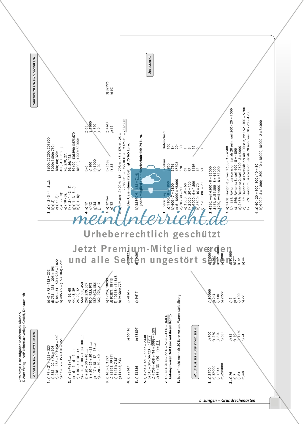 Hausaufgaben zu den Grundrechenarten: Addieren, Subtrahieren, Multiplizieren und Dividieren. mit Lösungen. Preview 7
