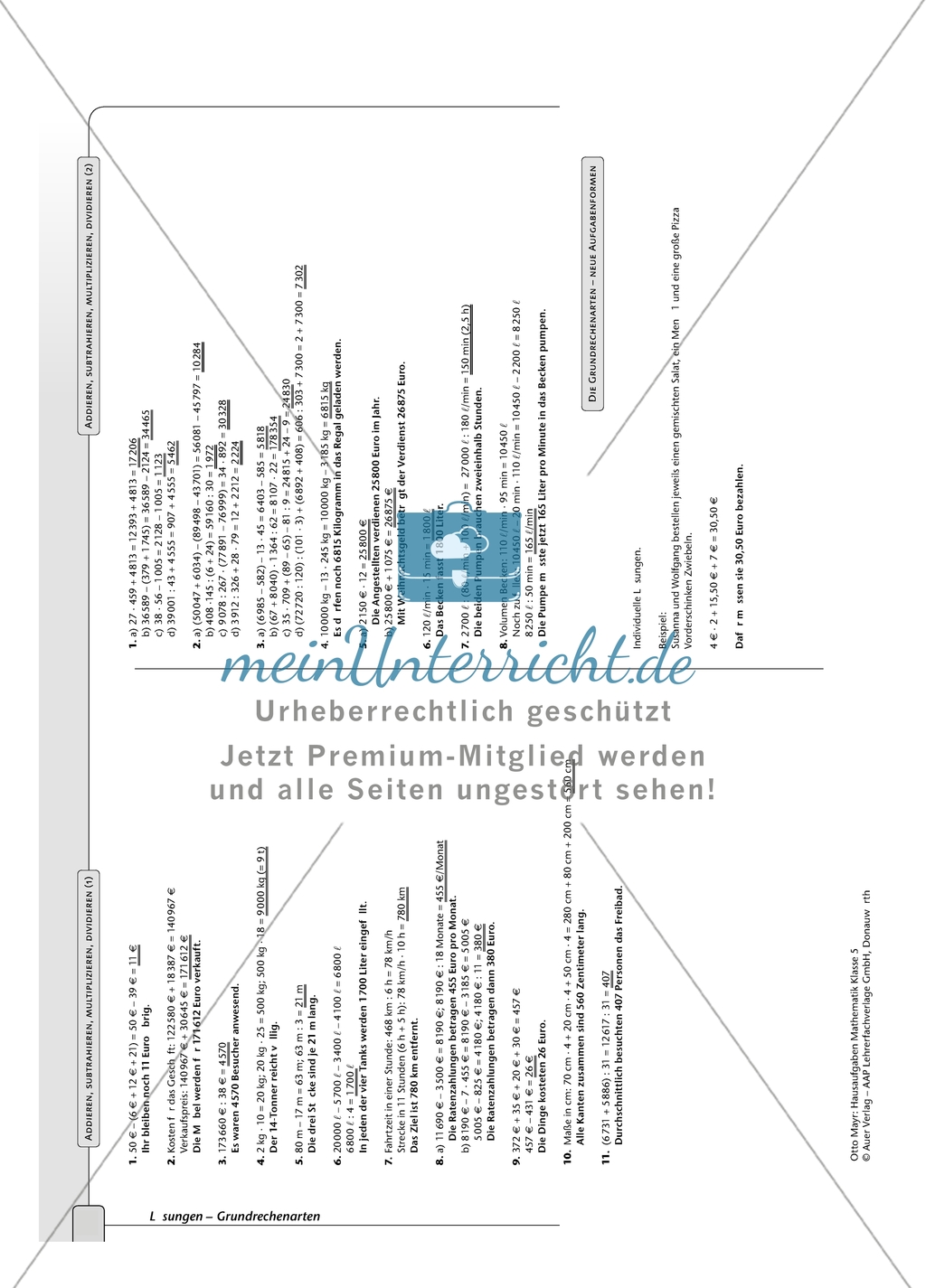 Hausaufgaben zu den Grundrechenarten: Addieren, Subtrahieren, Multiplizieren und Dividieren. mit Lösungen. Preview 8