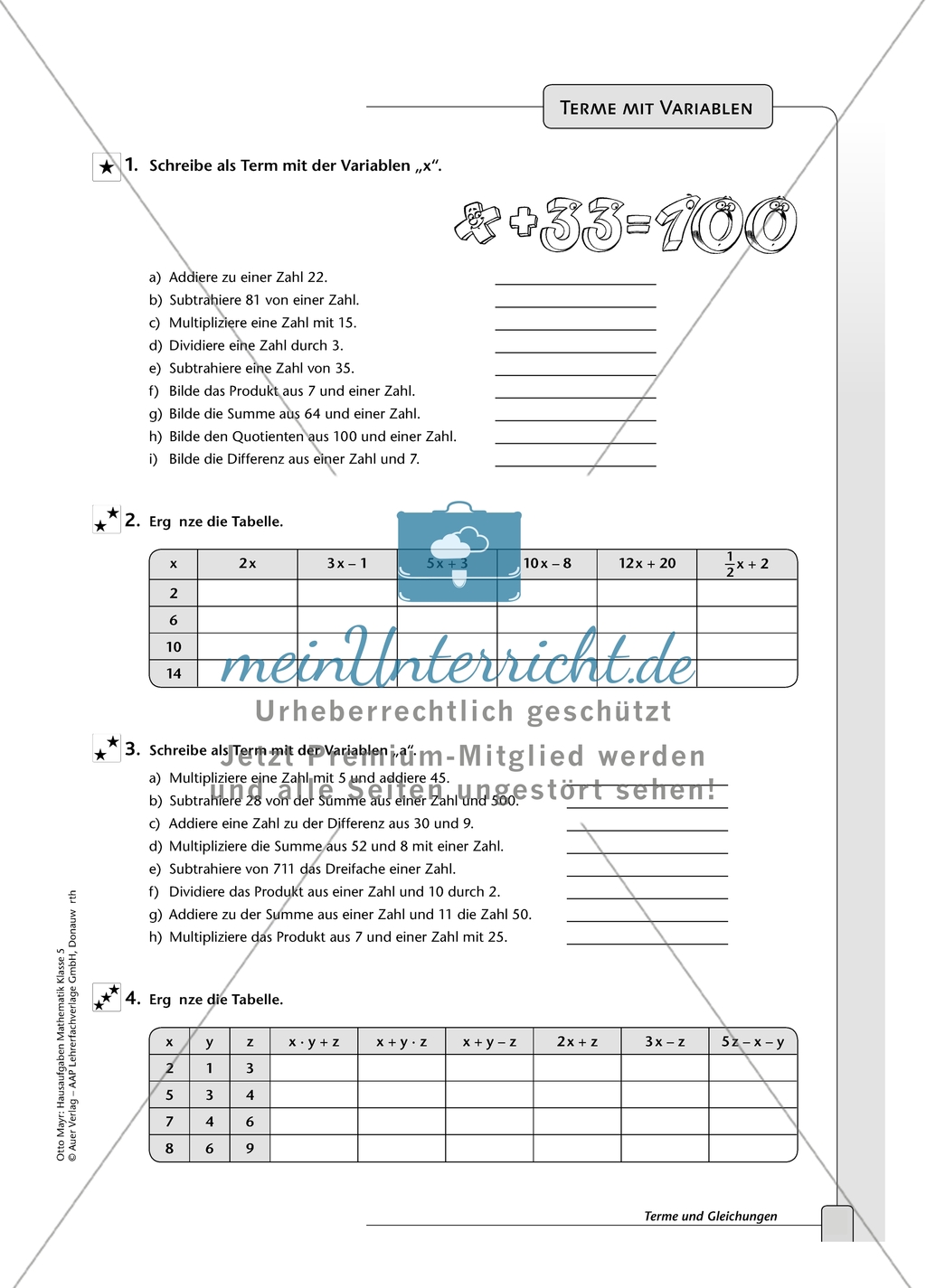 Hausaufgaben zum Berechnen von Termen und Lösen von Gleichungen mit Lösungen. Preview 3