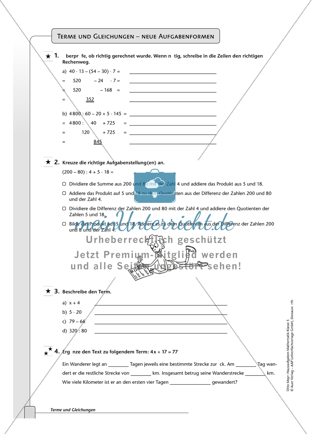 Hausaufgaben zum Berechnen von Termen und Lösen von Gleichungen mit Lösungen. Preview 6