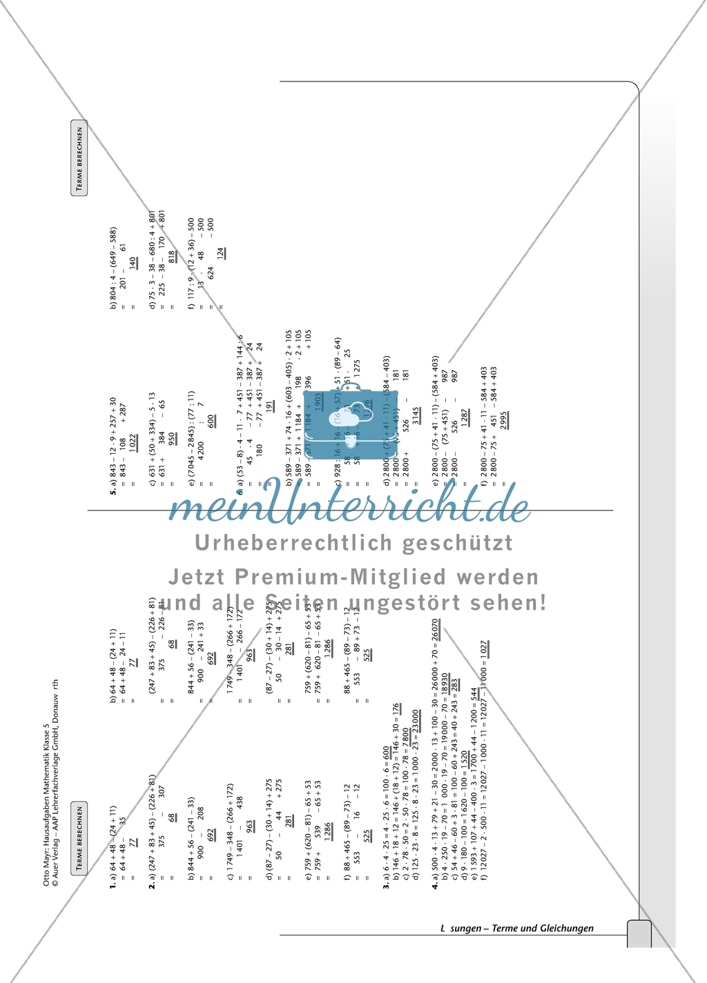 Hausaufgaben zum Berechnen von Termen und Lösen von Gleichungen mit Lösungen. Preview 7