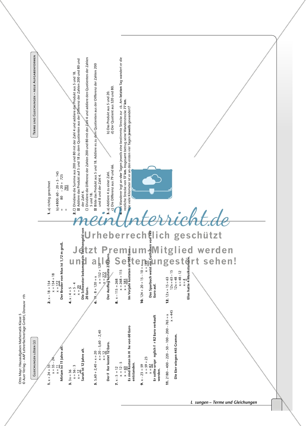 Hausaufgaben zum Berechnen von Termen und Lösen von Gleichungen mit Lösungen. Preview 9