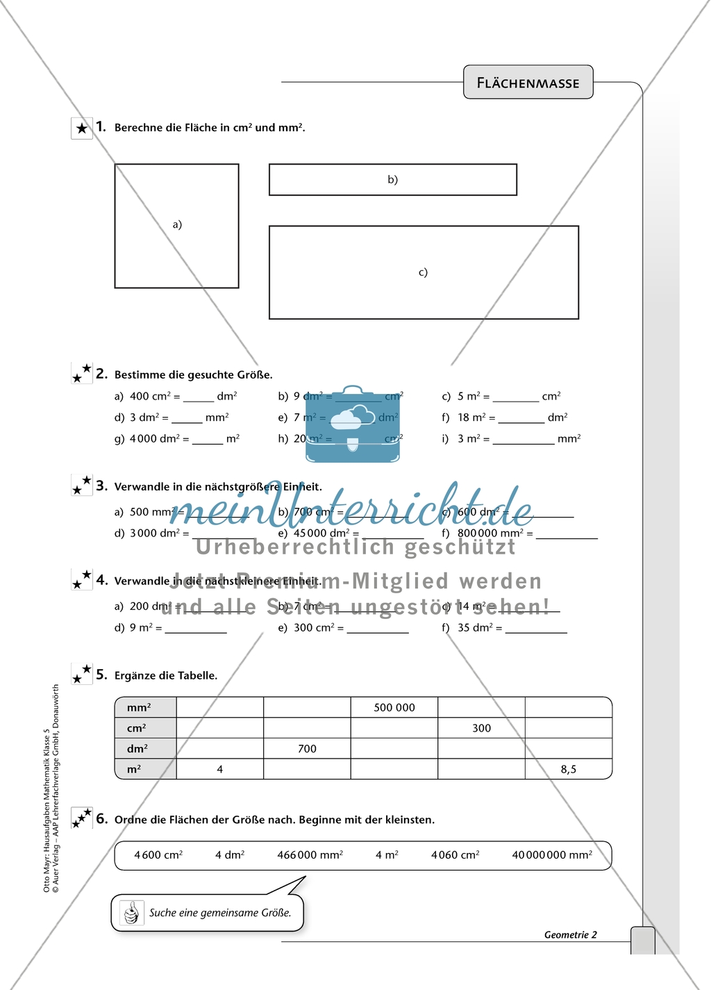 Geometrie - Hausaufgaben zum Umfang und Flächeninhalt von geometrischen Figuren mit Lösungen. Preview 3