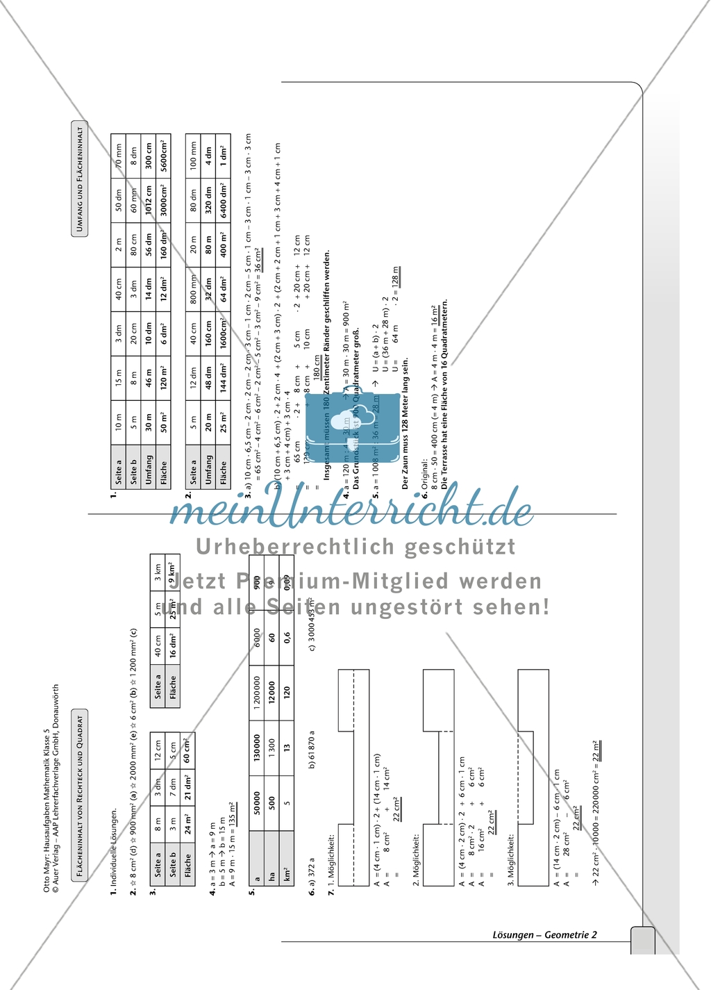 Geometrie - Hausaufgaben zum Umfang und Flächeninhalt von geometrischen Figuren mit Lösungen. Preview 8