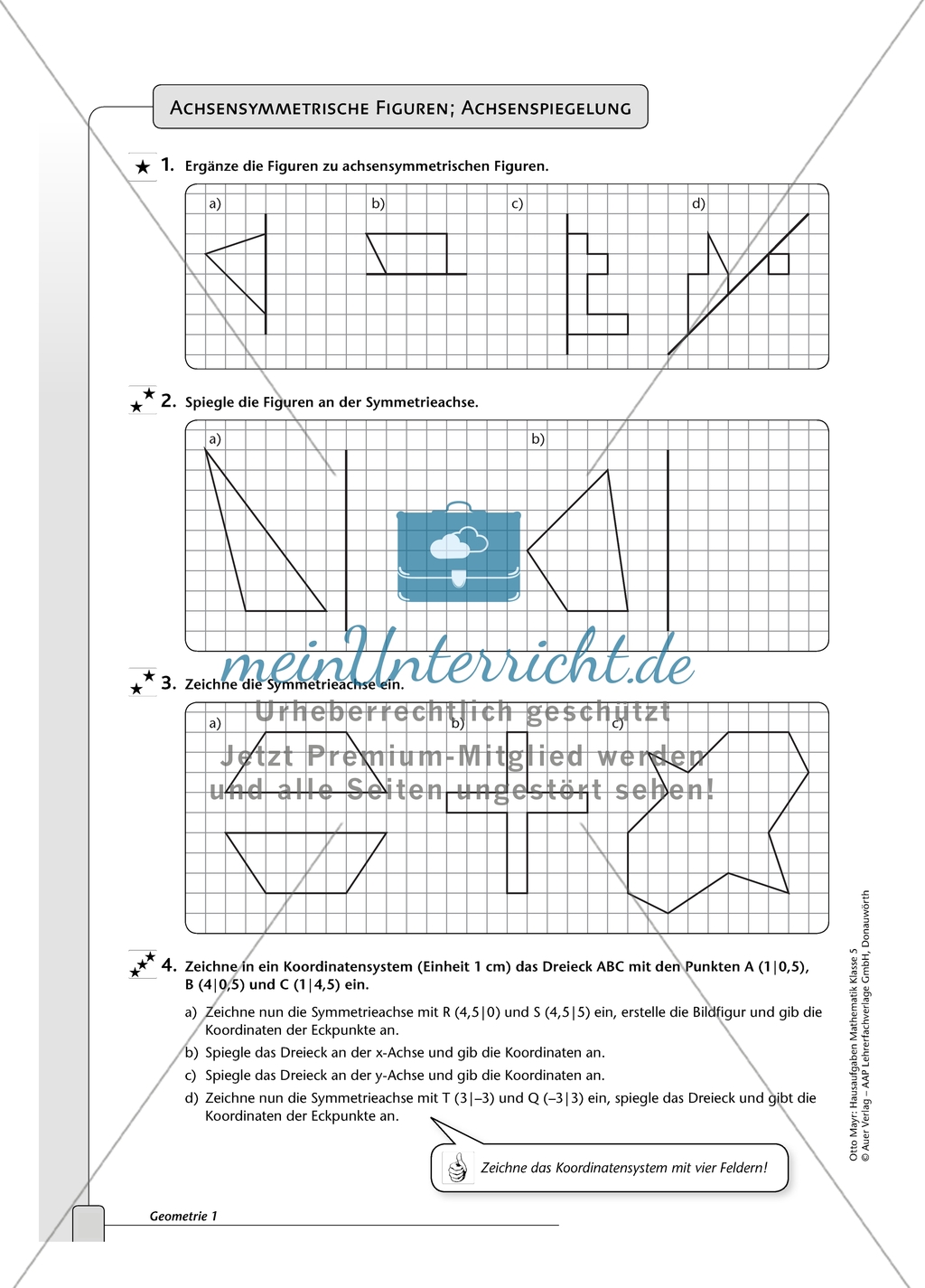 Geometrie - Hausaufgaben zu den Themen: Achsensymmetrie und Achsenspiegelung mit Lösungen. Preview 1