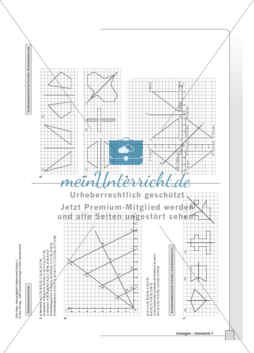 Geometrie - Hausaufgaben zu den Themen: Achsensymmetrie und Achsenspiegelung mit Lösungen. Preview 2