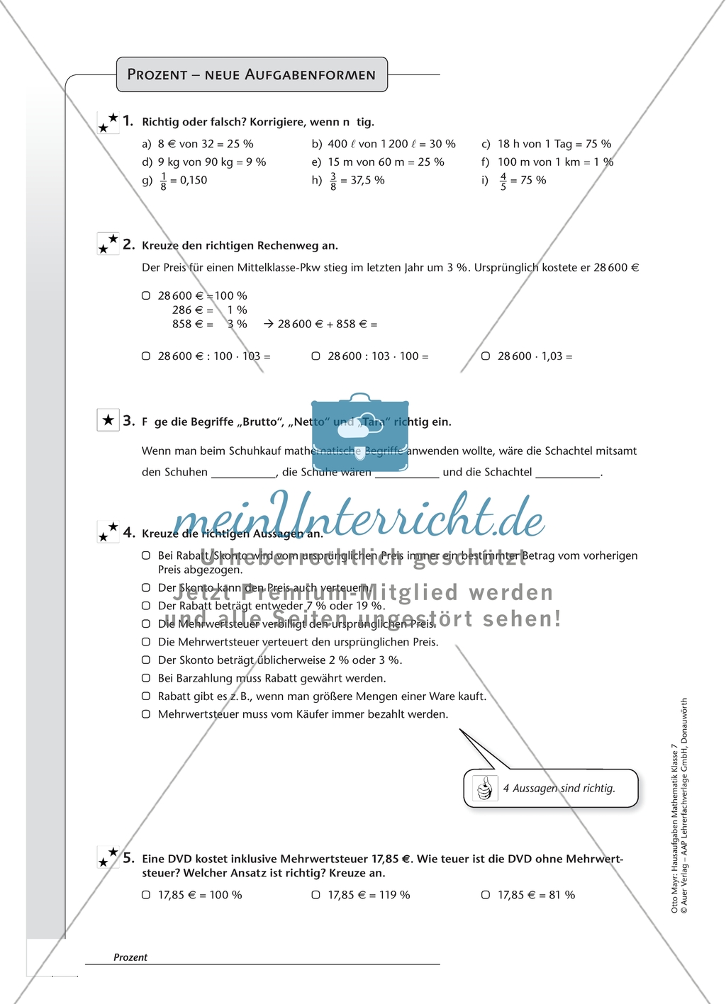 Hausaufgaben zum Thema: Prozentrechnung mit Lösungen. Preview 10