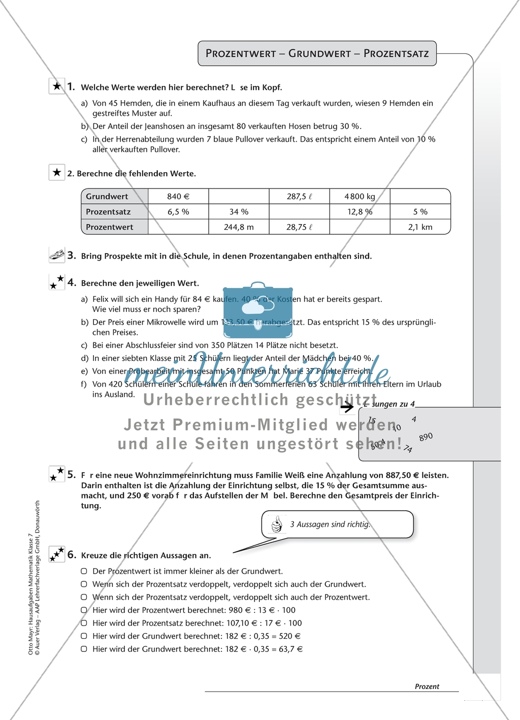 Hausaufgaben zum Thema: Prozentrechnung mit Lösungen. Preview 5