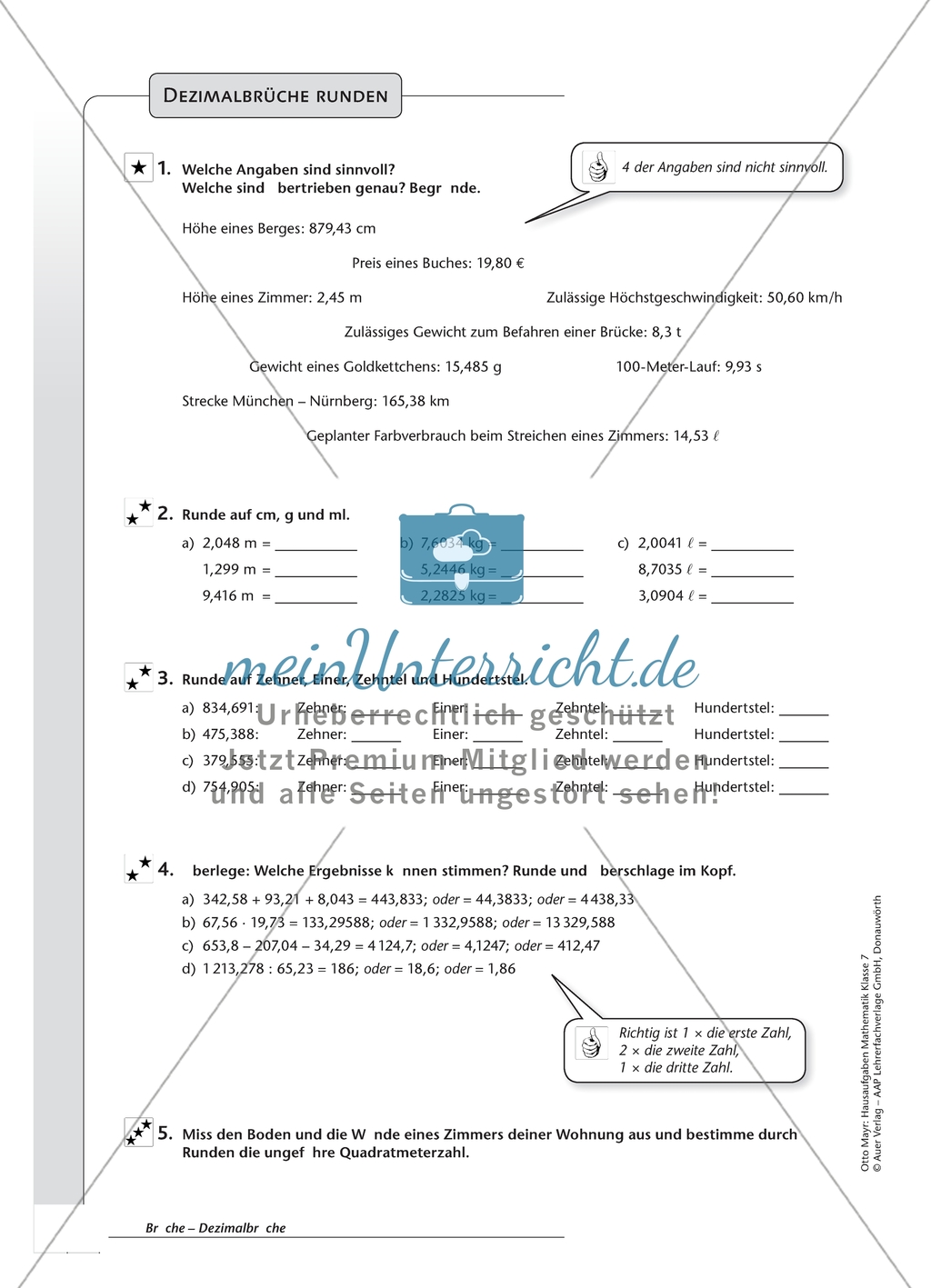 Hausaufgaben zum Rechnen mit Dezimalbrüchen inklusive Lösungen. Preview 1