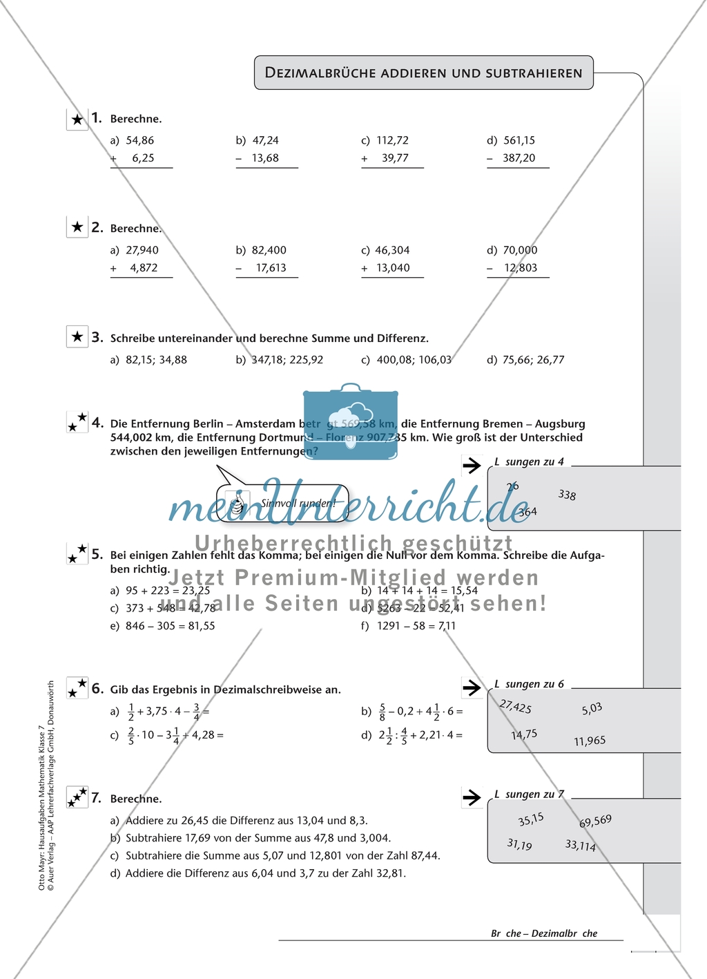Hausaufgaben zum Rechnen mit Dezimalbrüchen inklusive Lösungen. Preview 2