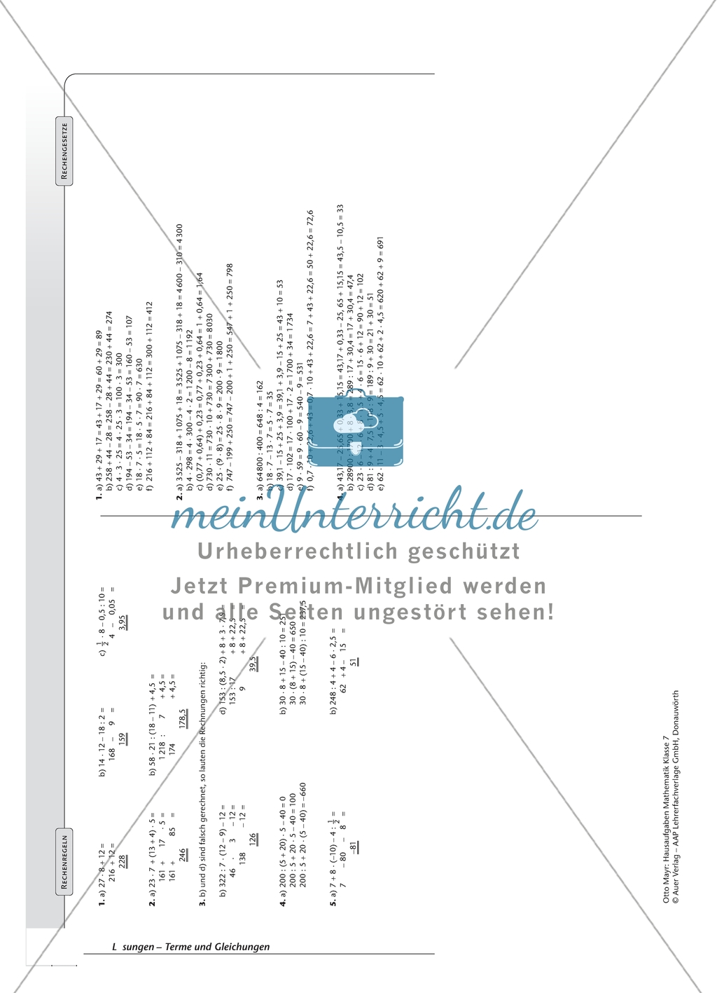 Hausaufgaben zum Berechnen von Termen und Lösen von Gleichungen mit Lösungen. Preview 11