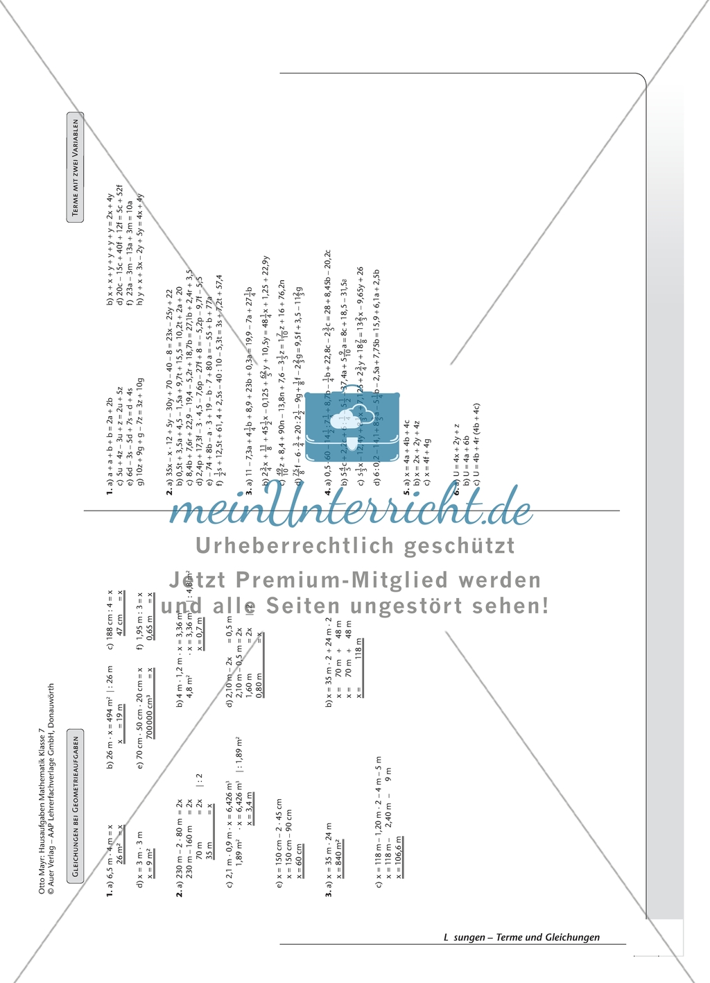 Hausaufgaben zum Berechnen von Termen und Lösen von Gleichungen mit Lösungen. Preview 14