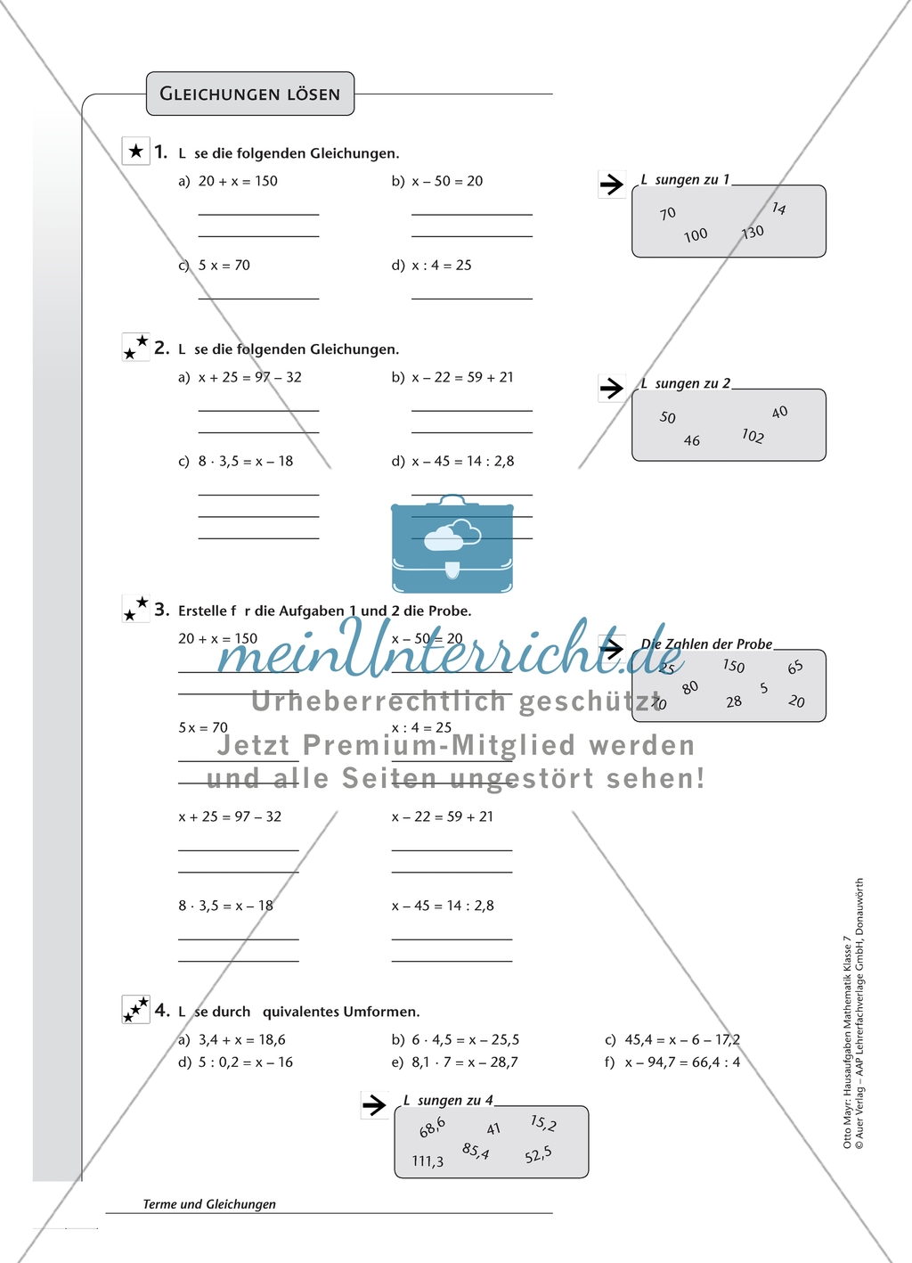 Hausaufgaben zum Berechnen von Termen und Lösen von Gleichungen mit Lösungen. Preview 5