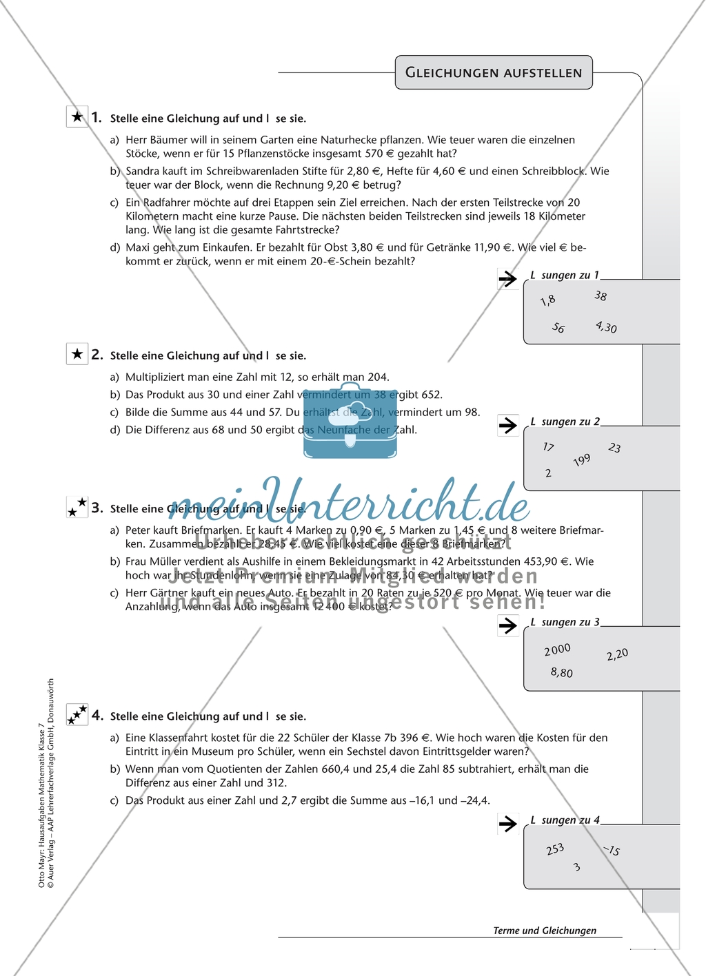 Hausaufgaben zum Berechnen von Termen und Lösen von Gleichungen mit Lösungen. Preview 6