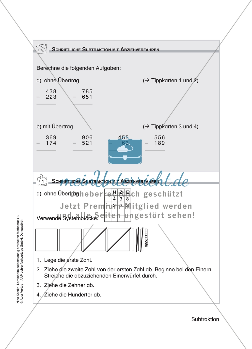Schülerinnen und Schüler erarbeiten sich mit diesem Material Lerninhalte zum Thema Subtraktion mit Aufgaben-, Tipp- und Lösungskarten selbstständig. Preview 12