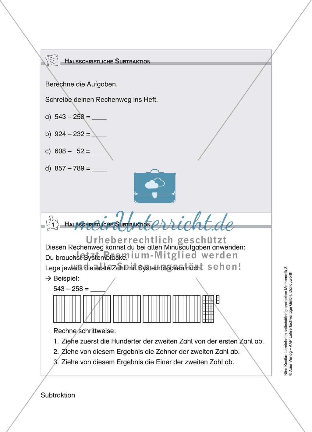 Schülerinnen und Schüler erarbeiten sich mit diesem Material Lerninhalte zum Thema Subtraktion mit Aufgaben-, Tipp- und Lösungskarten selbstständig. Preview 7