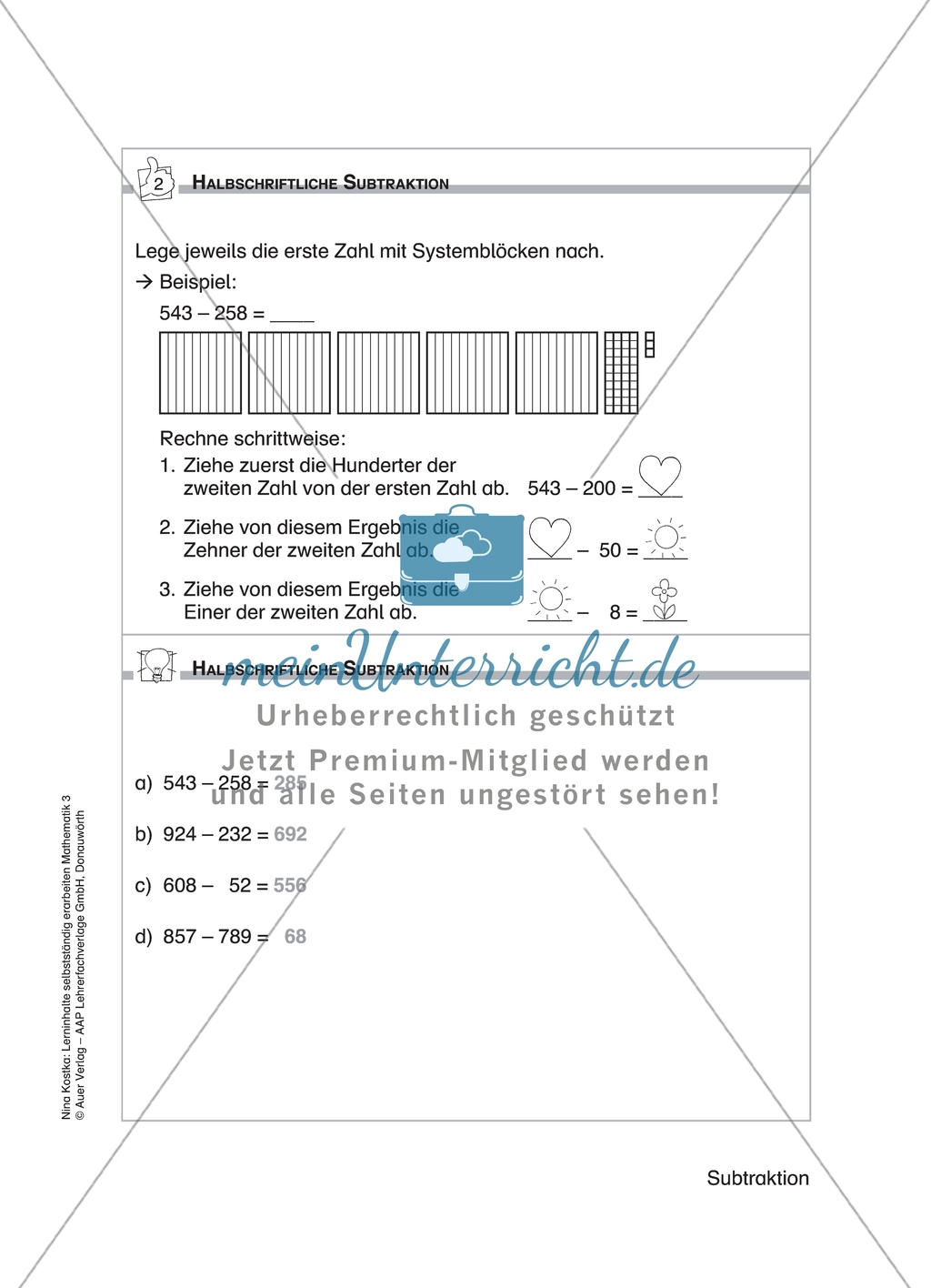 Schülerinnen und Schüler erarbeiten sich mit diesem Material Lerninhalte zum Thema Subtraktion mit Aufgaben-, Tipp- und Lösungskarten selbstständig. Preview 8